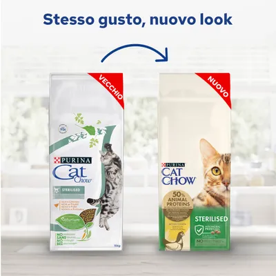 Confronto tra vecchio e nuovo packaging di Purina Cat Chow Sterilised, visibili entrambi i sacchi con testo: 'Stesso gusto, nuovo look', etichette rosse 'VECCHIO' e 'NUOVO'.