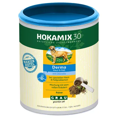 HOKAMIX 30 Derma Haut & Fell s chlorellou, doplnkové krmivo pre psy. S pestrecem mariánskym, zmes cenných bylín, prášok pri špecifických problémoch kože a srsti.