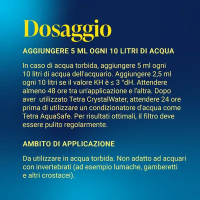 Dosaggio: 5 ml per 10 litri d'acqua. Da utilizzare in caso di acqua torbida, non adatto per acquari con invertebrati come lumache o gamberetti. Dosaggio: 5 ml per 10 litri d'acqua. Da utilizzare in caso di acqua torbida, non adatto per acquari con invertebrati come lumache o gamberetti.