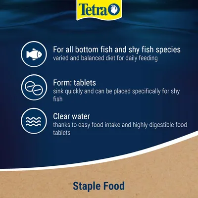 Tetra. For all bottom fish and shy fish species, varied and balanced diet for daily feeding. Form: tablets, sink quickly. Clear water, thanks to easy food intake and digestible tablets. Staple Food.