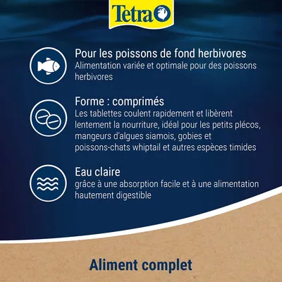 Tetra. Pour les poissons de fond herbivores, forme comprimés, eau claire grâce à une absorption facile et une alimentation hautement digestible. Aliment complet.