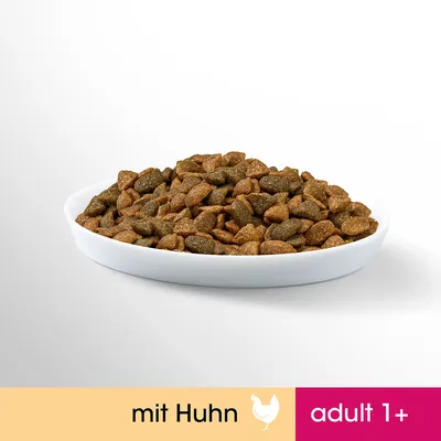 Miska s granulemi, dole text: mit Huhn, adult 1+