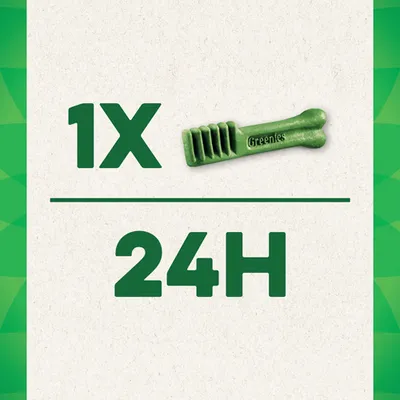 Consigli d’uso: 1 Greenies al giorno ogni 24 ore. Testo visibile: '1X', immagine di uno snack Greenies, '24H'.