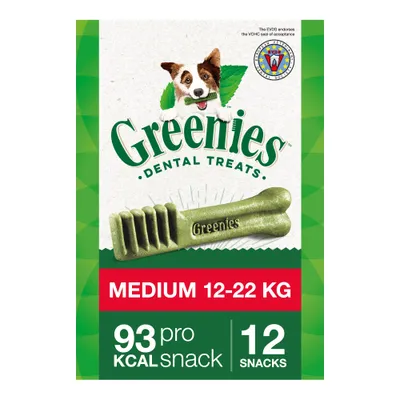 Greenies Dental Treats, MEDIUM 12–22 kg, 93 kcal pe snack, 12 snacks. Sigiliu VOHC vizibil pe ambalaj. Imagine cu un baton dentar verde și un câine desenat.