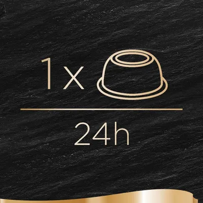 Ruokintaohje: 1 annos päivässä (24 h), kuvassa ruokakuppi ja teksti '1 x' sekä '24h'.