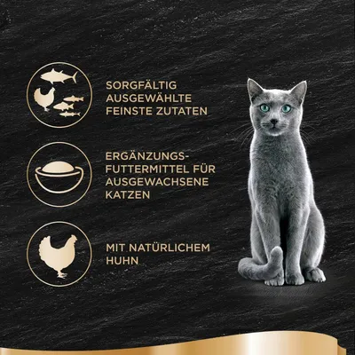 Sorgfältig ausgewählte feinste Zutaten, Ergänzungsfuttermittel für ausgewachsene Katzen, mit natürlichem Huhn. Tekst na njemačkom jeziku.