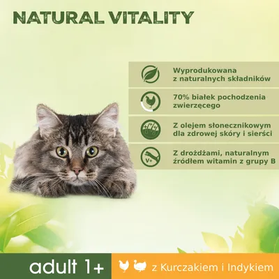 Natural Vitality. Wyprodukowana z naturalnych składników, 70% białek pochodzenia zwierzęcego, z olejem słonecznikowym, z drożdżami. Adult 1+, z kurczakiem i indykiem.