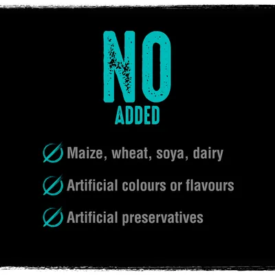 Testo in inglese: NO ADDED. Maize, wheat, soya, dairy. Artificial colours or flavours. Artificial preservatives.