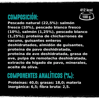 Composición: pescado natural 22,5 %, salmón fresco 10 %, proteína de chicharrones de vacuno, guisantes, pavo y ave deshidratada. Proteínas 40 %, grasas 18 %, 412 kcal por 100 g.