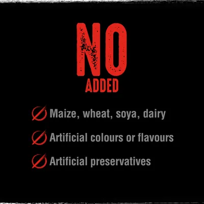 NO ADDED. Maize, wheat, soya, dairy. Artificial colours or flavours. Artificial preservatives. Testo in inglese.