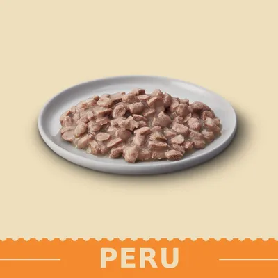 Prato branco com pedaços de comida húmida para animais em molho. Texto visível: PERU.