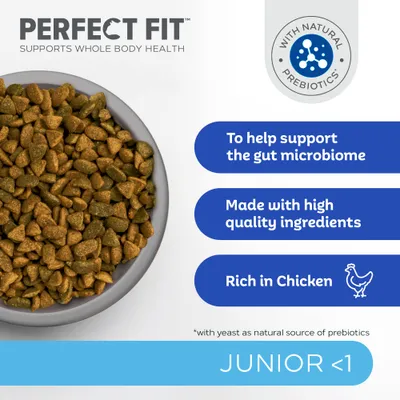 PERFECT FIT Supports Whole Body Health, With Natural Prebiotics. To help support the gut microbiome. Made with high quality ingredients. Rich in Chicken. JUNIOR <1. Text på engelska.