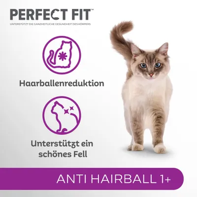 PERFECT FIT, Haarballenreduktion, Unterstützt ein schönes Fell, ANTI HAIRBALL 1+. Text på tyska om hårboller och pälsvård för katt.