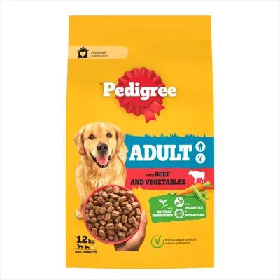 Adult pet food with beef and vegetables, 12kg. Contains natural ingredients, prebiotics, superfoods. No added artificial colours or flavours.