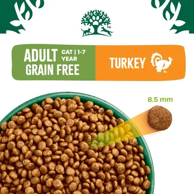 Torrfoder för vuxen katt 1–7 år, spannmålsfritt, kalkon. Kattmatens bitstorlek: 8,5 mm. Text: ADULT CAT 1–7 YEAR GRAIN FREE TURKEY.