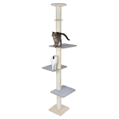 Cat tree with four levels, two cats on it. Light wood look with grey lying surfaces and sisal post.
