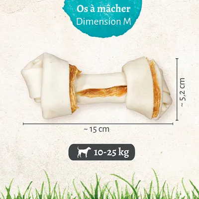 Os à mâcher Dimension M, environ 15 cm de long et 5,2 cm de large, pour chiens de 10–25 kg. Texte visible : Os à mâcher Dimension M, 10–25 kg.