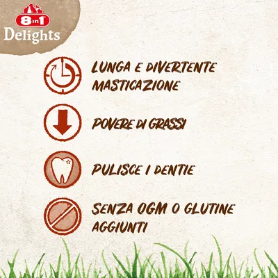 8in1 Delights. Lunga e divertente masticazione, povere di grassi, pulisce i denti, senza OGM o glutine aggiunti.