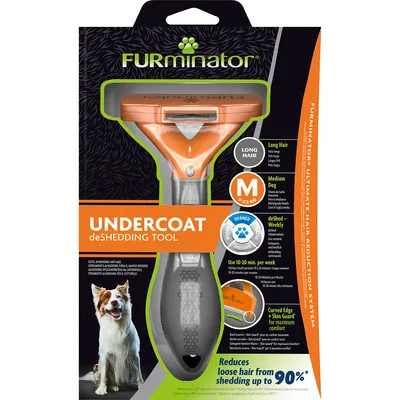 Undercoat deShedding tool for long hair, medium size 9-23kg. Use 10-20 minutes weekly. Reduces loose hair from shedding up to 90%. Curved edge for comfort. Instructions shown on pack.