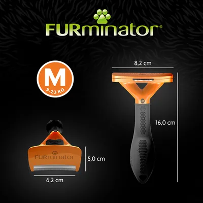 FURminator taille M pour animaux 9–23 kg, dimensions : 16,0 cm x 8,2 cm et tête 6,2 cm x 5,0 cm. Marque FURminator visible sur le manche et la tête.