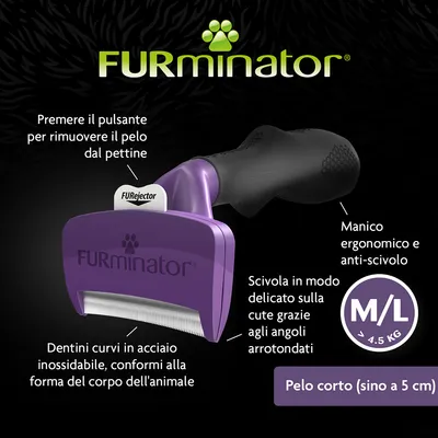 FURminator, dentini curvi in acciaio inox, manico ergonomico e anti-scivolo, pulsante FUREjector, per pelo corto (sino a 5 cm), taglia M/L >4,5 kg. Testo in italiano.