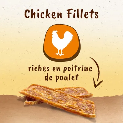 Chicken Fillets, riches en poitrine de poulet, deux filets de poulet visibles sur fond beige avec pictogramme de poule blanche dans un cercle orange.