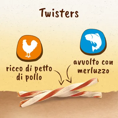 Twisters, ricco di petto di pollo, avvolto con merluzzo. Due snack intrecciati mostrati su sfondo beige.