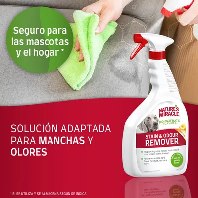 Nature's Miracle Stain & Odour Remover, fórmula bioenzimática. Seguro para las mascotas y el hogar. Solución adaptada para manchas y olores. Imagen de spray limpiando sofá.