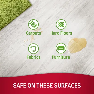 Carpets, Hard Floors, Fabrics, Furniture. SAFE ON THESE SURFACES felirat angolul, ikonokkal keménypadlón és szőnyegen lévő foltok mellett.