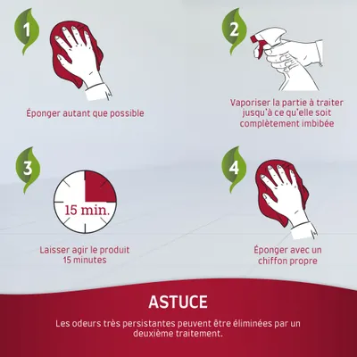 Étapes d’utilisation : 1. Éponger autant que possible, 2. Vaporiser jusqu’à imbibition, 3. Laisser agir 15 min, 4. Éponger avec un chiffon propre. Astuce : répéter si odeur persistante.