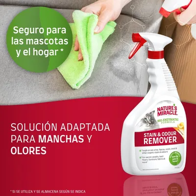 Nature's Miracle Bio-Enzymatic Formula Stain & Odour Remover. Seguro para las mascotas y el hogar. Solución adaptada para manchas y olores. Botella con pulverizador visible.