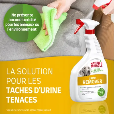 Nature's Miracle Urine Remover, spray détachant enzymatique. Texte : Ne présente aucune toxicité pour les animaux ou l’environnement. La solution pour les taches d’urine tenaces.