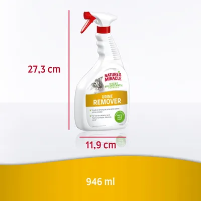 Spray Nature's Miracle Urine Remover, dimensioni 27,3 cm x 11,9 cm, capacità 946 ml. Etichetta visibile con immagine di gatto e testo in inglese.