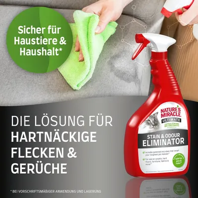 Texte en allemand : 'Sicher für Haustiere & Haushalt', 'Die Lösung für hartnäckige Flecken & Gerüche'. Flacon Nature's Miracle Ultimate Stain & Odour Eliminator avec chat visible sur l’étiquette.