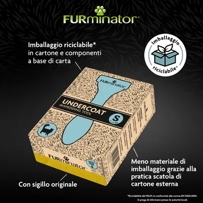 FURminator UNDERCOAT deShedding Tool S, confezione in cartone riciclabile con sigillo originale. Testi: Imballaggio riciclabile, meno materiale grazie alla scatola di cartone.