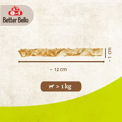 Better Bello 8in1, friandise pour chien d’environ 12 cm de long et 1 cm de large, indiqué pour chiens de plus de 1 kg. Texte visible : '> 1 kg'.