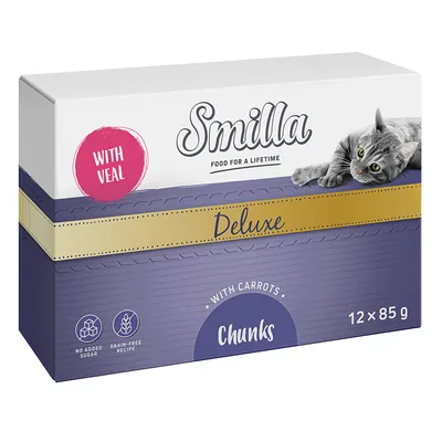 Smilla Deluxe Chunks with veal and carrots, 12 x 85 g. Sans sucre ajouté, recette sans céréales. Image d’un chat sur l’emballage.