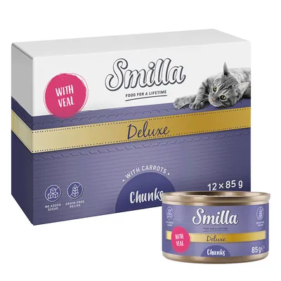 Smilla Deluxe Chunks mit Kalb und Karotten, 12 x 85 g. Ohne Zuckerzusatz, getreidefreie Rezeptur.