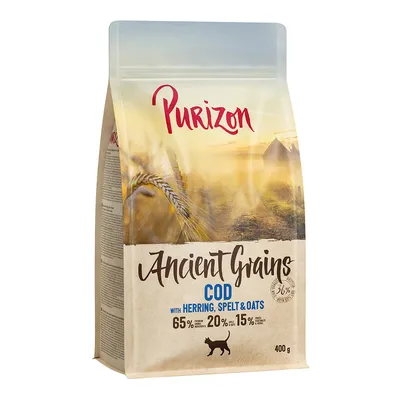 Purizon Ancient Grains Cod mit Hering, Dinkel & Hafer. 65% tierische Zutaten, 20% Gemüse, 15% Getreide. Trockenfutter für Katzen, 400g Packung.