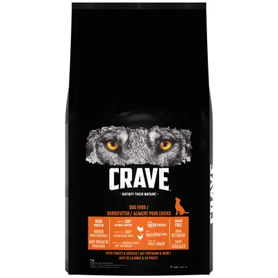 Crave dog food with high protein, 100% natural chicken, fresh chicken, grain free, with turkey and chicken. Key features highlighted in English, German and French.