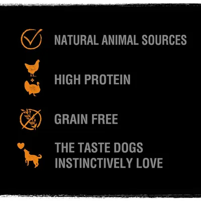 Natural animal sources, high protein, grain free, the taste dogs instinctively love.