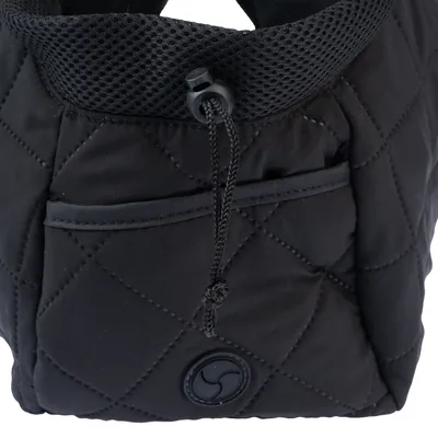 Black bag with quilted pattern, mesh edge and drawstring. Visible front pocket and round logo emblem at the bottom.