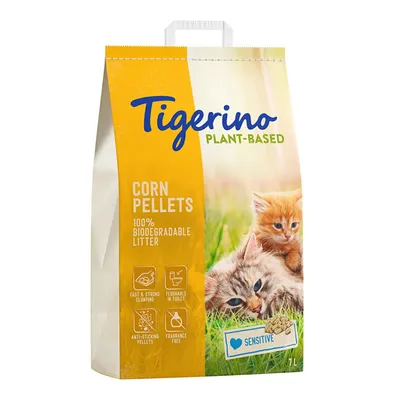 Tigerino Plant-Based kattegrus, majs-pellets, 100% biologisk nedbrydeligt, klumpende, skylbar, anti-klæbende, duftfri, Sensitive-variant, 7L.