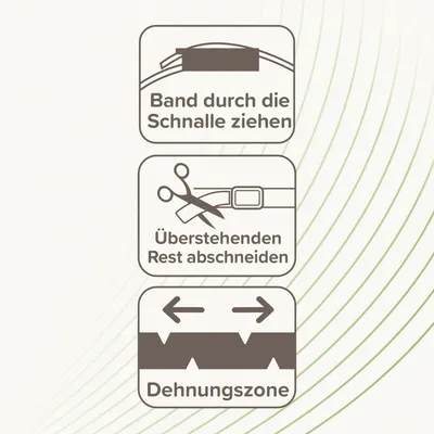 Anleitung: Band durch die Schnalle ziehen, überstehenden Rest abschneiden, Dehnungszone beachten.