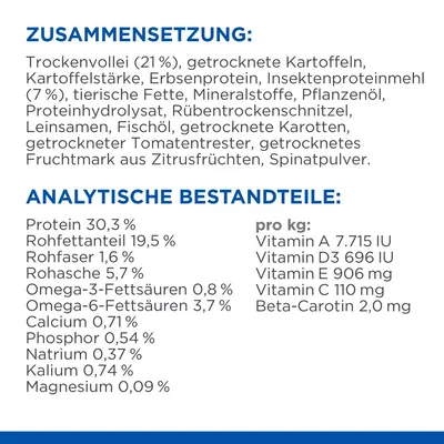 Zusammensetzung: Trockenvollei, Kartoffeln, Erbsenprotein, Insektenproteinmehl. Analytische Bestandteile: Protein 30,3 %, Rohfett 19,5 %, Vitamine A, D3, E, C, Beta-Carotin pro kg.
