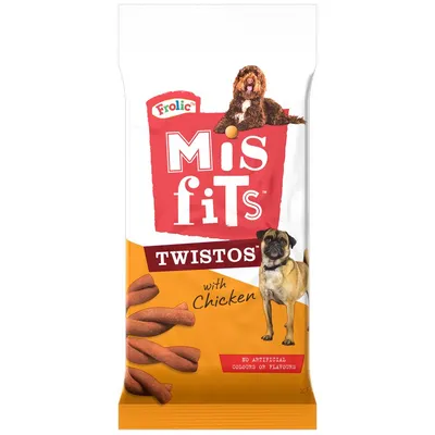 Misfits Twistos with chicken, no artificial colours or flavours. Image shows twisted treats and two dogs on the packaging.
