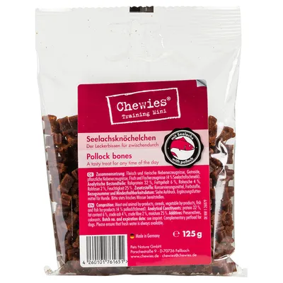 Chewies Training Mini Seelachsknöchelchen Pollock bones -herkkupala, 125 g. Näkyvissä ainesosatiedot ja ravintoarvot: proteiini 32 %, rasva 6 %, tuhka 4 %, kosteus 25 %.