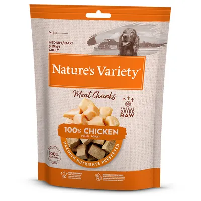 Nature's Variety Meat Chunks, 100% kip, gevriesdroogd, voor middelgrote/grote volwassen honden vanaf 10 kg, 100% natuurlijk.