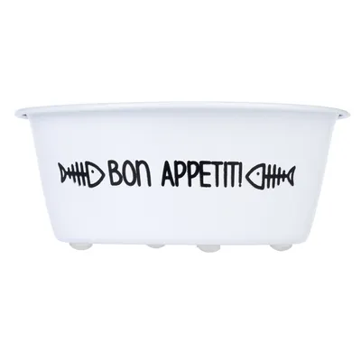 Vit matskål med svart text "Bon Appetit!" och fiskbensmotiv.