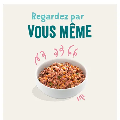 Bol avec de la nourriture pour animaux contenant de la viande, entouré de lignes roses décoratives. Texte en français : « Regardez par VOUS MÊME ».